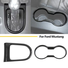 2x Carbon Center Console Gear Shift Panel Cup Holder Cover Set for Mustang 2015+