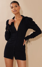 PrettyLittleThing TEXTURED RUCHED LACE UP SLEEVES SHIRT DRESS Black UK10
