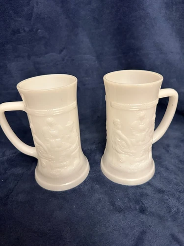 2 Vintage Federal  Milk Glass 6" Beer Mug Stein Tankard Embossed Tavern Scene