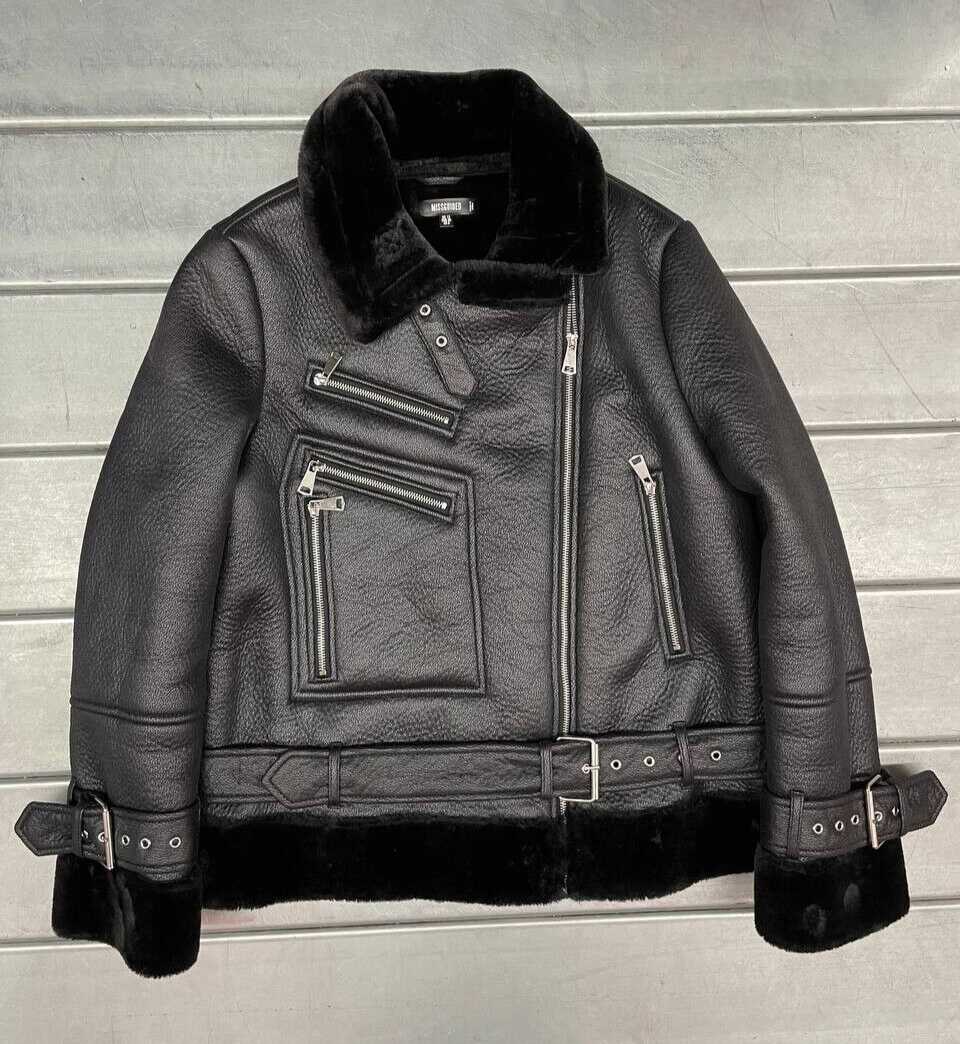 Missguided Womens Black Faux Leather Shearling Moto Jacket Size 8