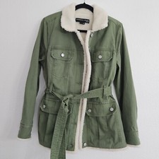 VERONICA BEARD Coppen Belted Twill Sherpa Jacket Green Size Small 598