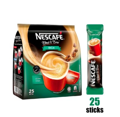 3 in 1 NESCAFE BLEND & BREW RICH INSTANT COFFEE 25 STICKS X 4 19G EACH