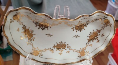 Vintage PORCELAIN FISH BONE PLATE WITH FLORAL DESIGN IN GOLD PAINT