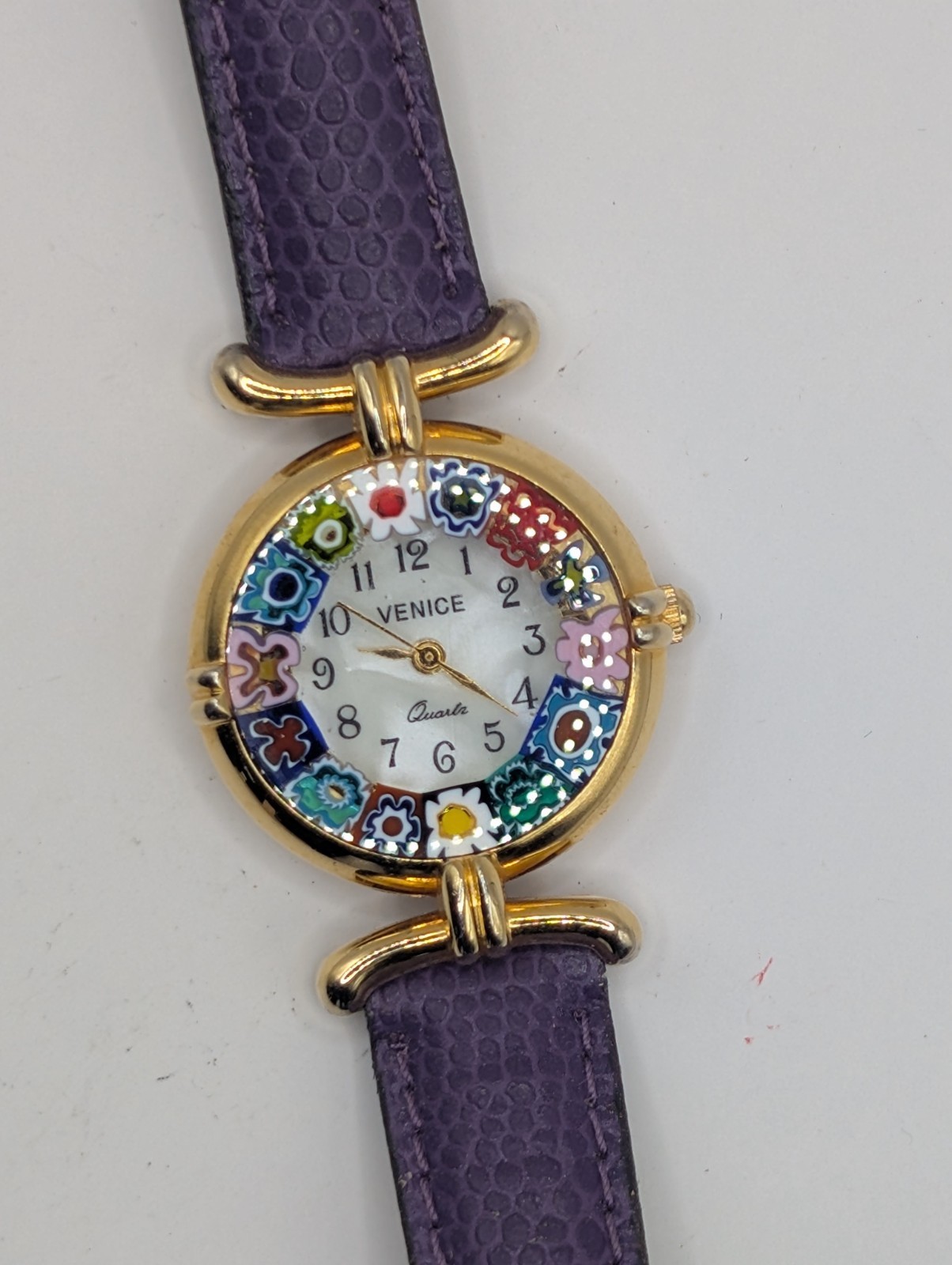 Venice Murano Millefiori Glass Border Womens Flor Watch Leather Band 28mm