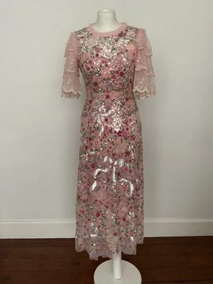 UK8 Needle and Thread ladies embroidered dress embellished sequin pastel  pink