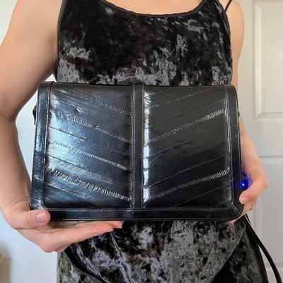 Vintage 1980s Black Eel Skin Leather Shoulder Bag Chevron Leather of the Sea