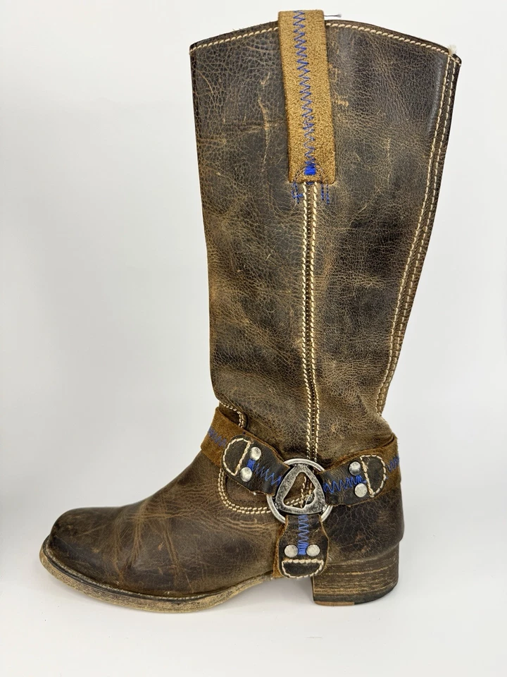 Bed|Stü Mujeres Cuero Arnés Botas 7 Marrón Envejecido Western Moto Hechas en México Foto 2 de 4
