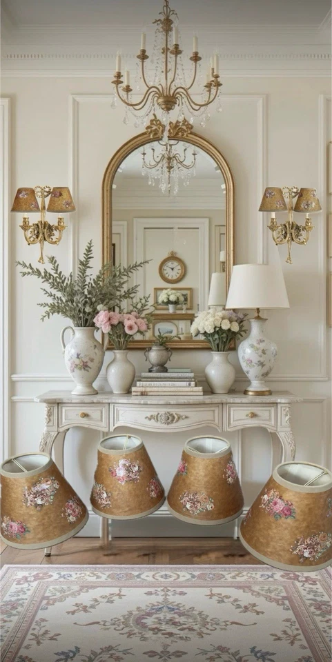 VTG French Country Floral Mini Lamp Shades 5 Inch Brown Roses SET OF 4 Cottage - Image 3 of 4