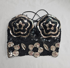 Black Sequin Floral Party Clubbing Bralet Bra Corset Top Strappy XS Chest:12"