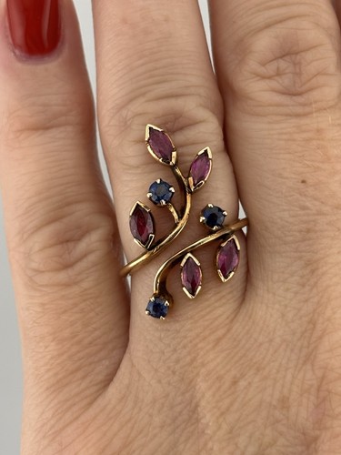 Unique 10k Yellow Gold Ruby & Sapphire Leaf Vine Bypass Ring Marquis Leaves Sz 5 - Picture 14 of 24