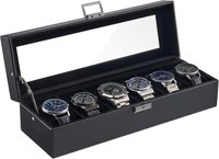 Uhrenbox 6 FäCher Pu-Leder Uhrenaufbewahrung Mit Glasdeckel FüR Herren Schwarz