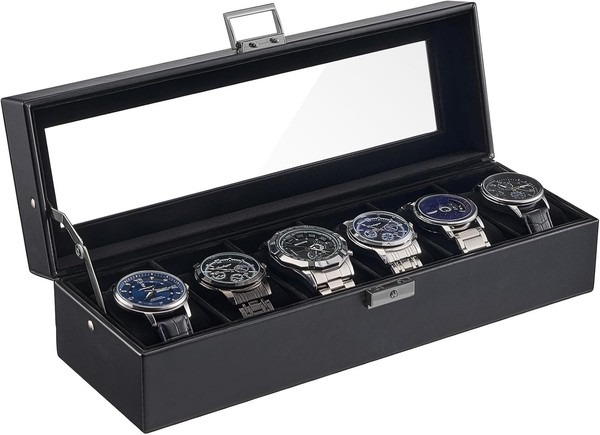 Uhrenbox 6 FäCher Pu-Leder Uhrenaufbewahrung Mit Glasdeckel FüR Herren Schwarz-image