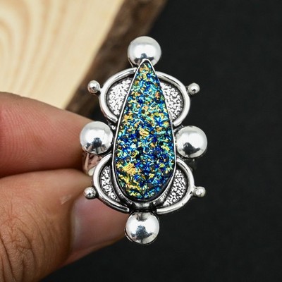 Titanium Druzy Edelstein Handgefertigter Ring 925 Silber US Größe 8.5