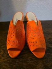 Oscar De La Renta Orange Suede Mules Featuring Intricate Laser-Cut Leaf Pattern