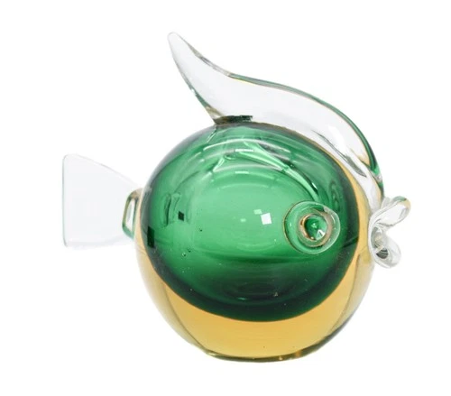 Vintage Murano Italy Green & Yellow Art Glass Puffer Fish Paperweight Figure