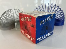 Vintage Original Plastic/ Metal Slinky James Industries Box Blue And Metal USA