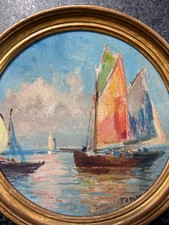 Ancien tableau Miniature thonier Breton port Marine bateaux  Bretagne signé 1930