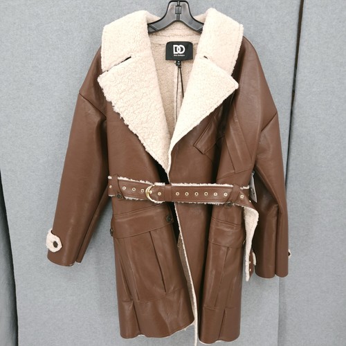 Dee Ocleppo Irene Faux Shearling Belted Brown Cream Winter Coat Womens Size M