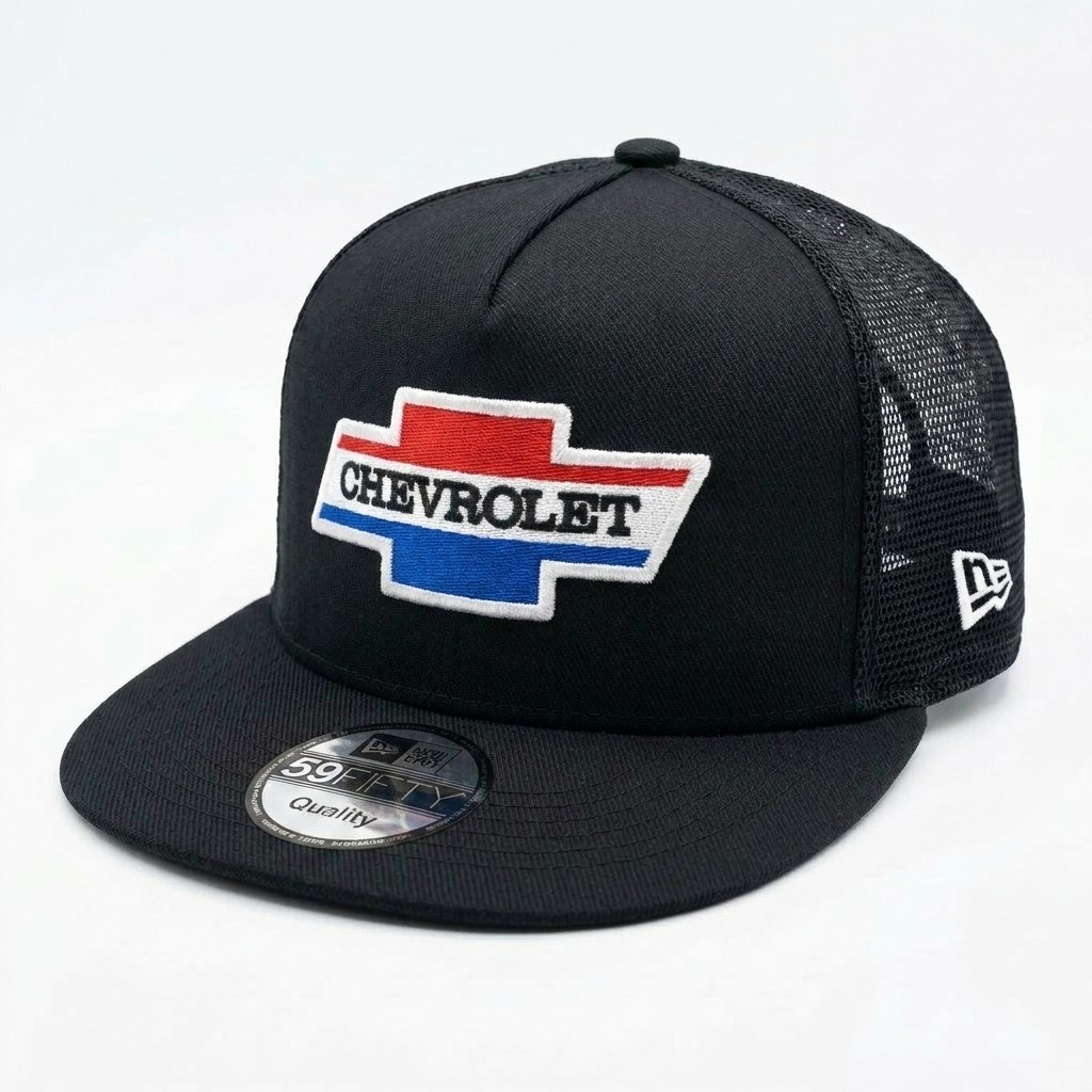 Chevrolet Logo Embroidered Trucker Hat Black Mesh Snapback Flat Bill Cap