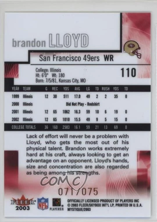 2003 Fleer Mystique Gold /75 Brandon Lloyd #110 Rookie RC - Image 2 of 2