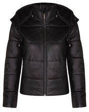 Ladies Puffer Leather Bomber Jacket Black Ma-1 Varsity Retro Hooded Warm Jacket