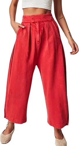 Women's Baggy Pants Wide Leg Casual Cotton Ankle Jeans Mid Rise Harem Pants - Picture 17 of 34