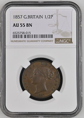 1857 Great Britain 1/2p Half Penny NGC AU55BN PQ WITH CLAIMS TO