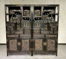 80" Old Chinese Padauk Red sandalwood Wood Carved Dragon Cupboard Shelf Pair