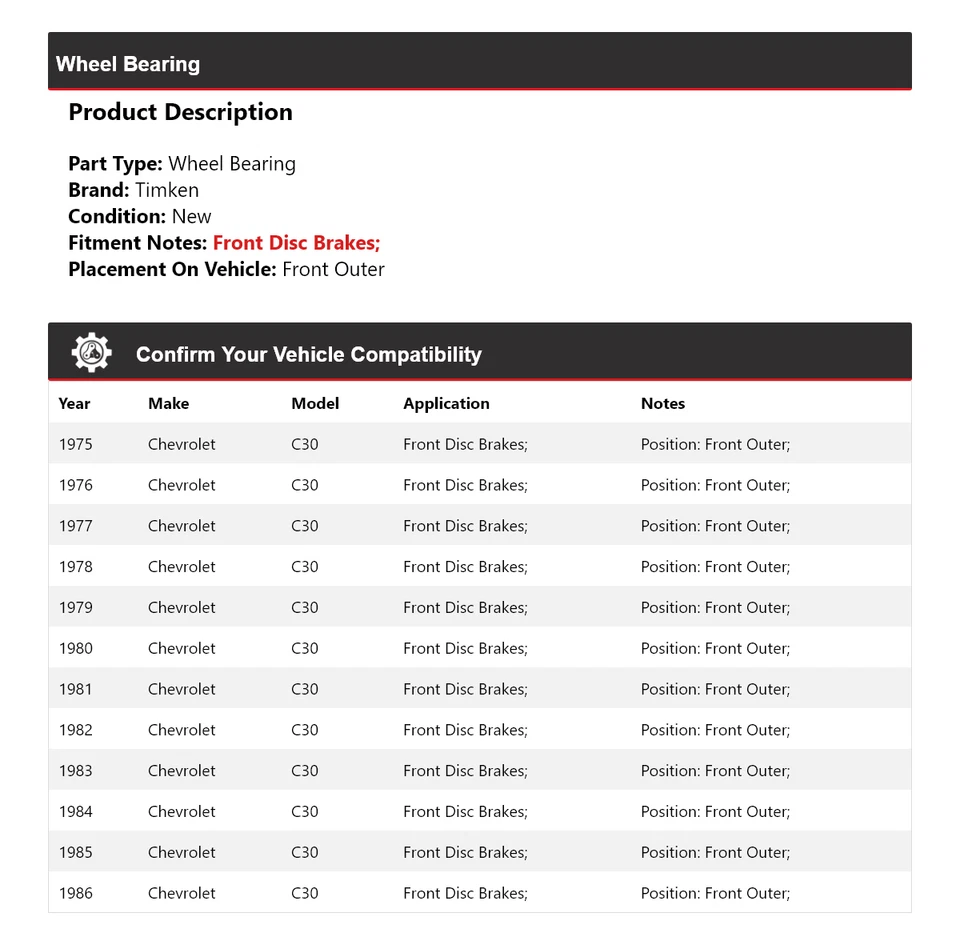 Cojinete de rueda delantero exterior para Chevrolet C30 1975-1986 Timken 1976 1977 1978 1979 Foto 2 de 4