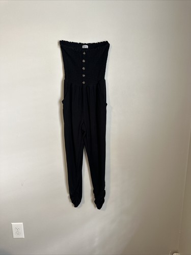 Jolie & Joy Jumpsuit Damen Medium schwarz Stretch Strampler trägerlos gesmokt - Bild 1 von 6