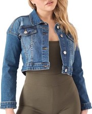 Womens Cropped Jacket Classy Ladies Stretch Soft Denim Western Jeans Jacket Blue