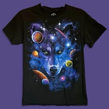 Space Wolf Graphic Print T Shirt Sz Women S Short Sleeve Black By ODM Tribal
