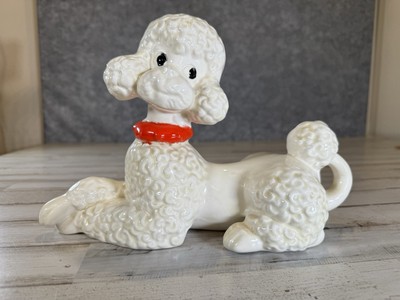 Vintage Large White Ceramic Happy Poodle Red Collar~Atlantic Mold