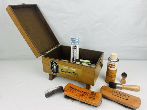 VTG Esquire Shoe Care Chest Wooden Wood Shoe Shine Valet Box w/ Accessories USA
