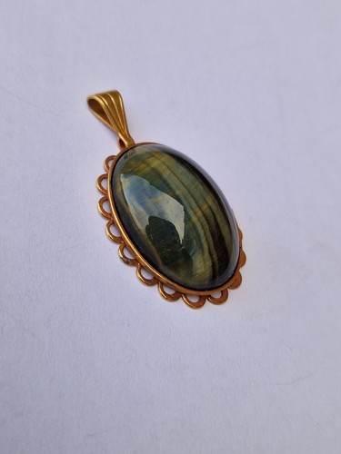 Vintage Tigers Eye 1" Gemstone Necklace Pendant Gold Tone Casing