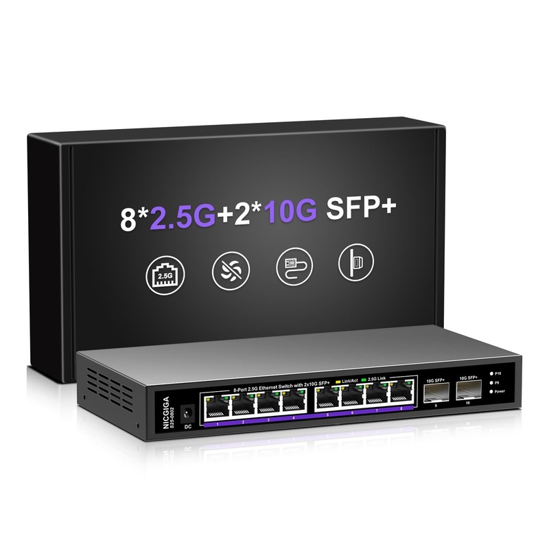 10 Port 2.5Gb Unmanaged Ethernet Switch with 8* 2.5G Base-T Ports + 2* 10G SF...