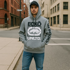 Ecko Unltd Hoodie Mens M Gray Rhino Logo Graphic Pullover Streetwear Hip Hop Y2K
