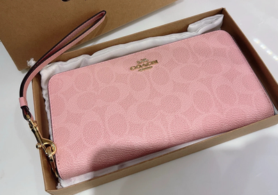NEW COACH Long Zip Around Wallet In Signature Canvas Powder Pink