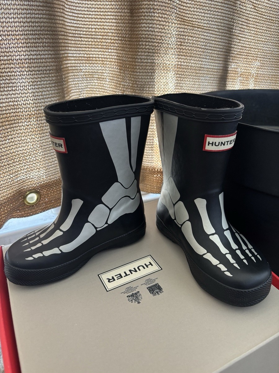Kids Hunter Rain Boots Metallic Skeleton Spooky Camp Halloween