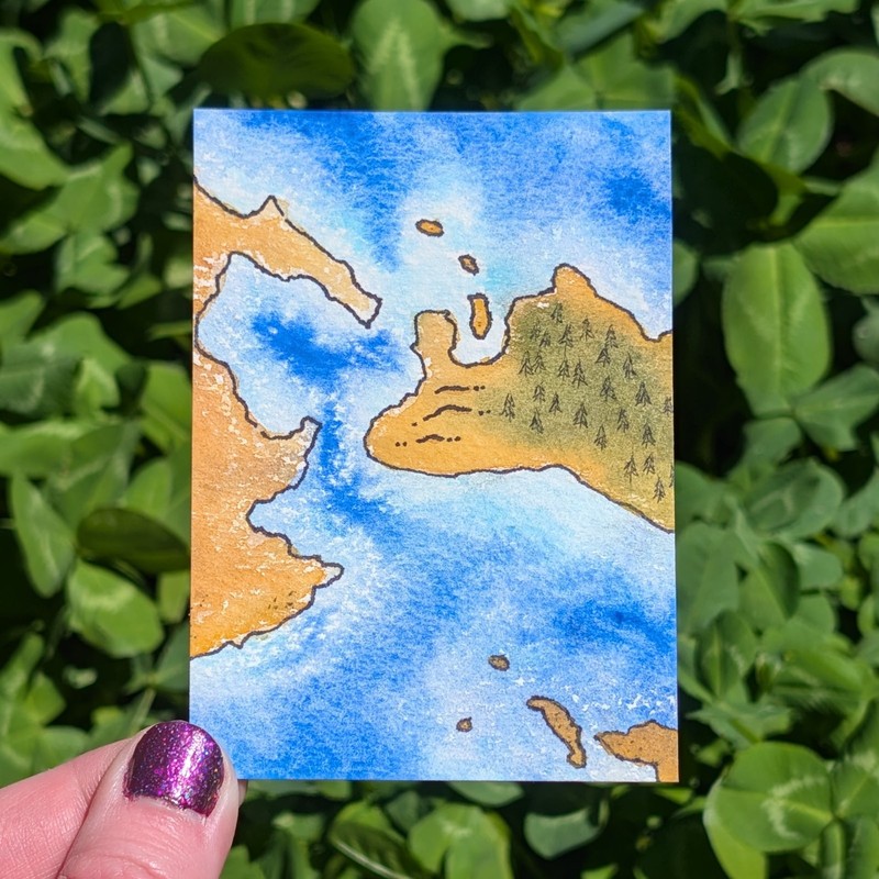 ACEO Original Painting, Green Island Coastal Fantasy Map Cartography