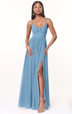 Azazie Zeya Agave Steel Blue V Neck Bridesmaid Dress