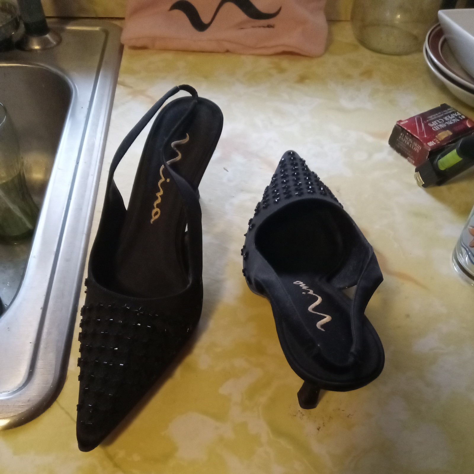 NINA Black Leather Satin Crystals Stretch Slingback Pumps, Size 8.5 Italy