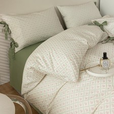 mixinni Red Floral Duvet Cover Set Twin Size - 100 Cotton Green Grid Bedding...