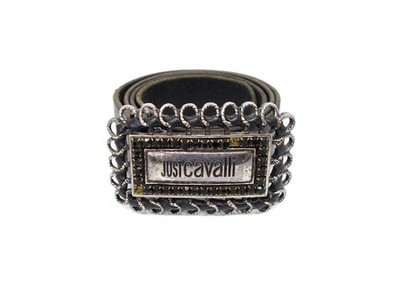 Just Cavalli Y2K Leather Crystal Encrusted Logo Plate Buckle Belt 00s