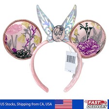 Disney's Minnie Ears Headband Tinkerbell Floral Embroidered Pink Fairy Wings