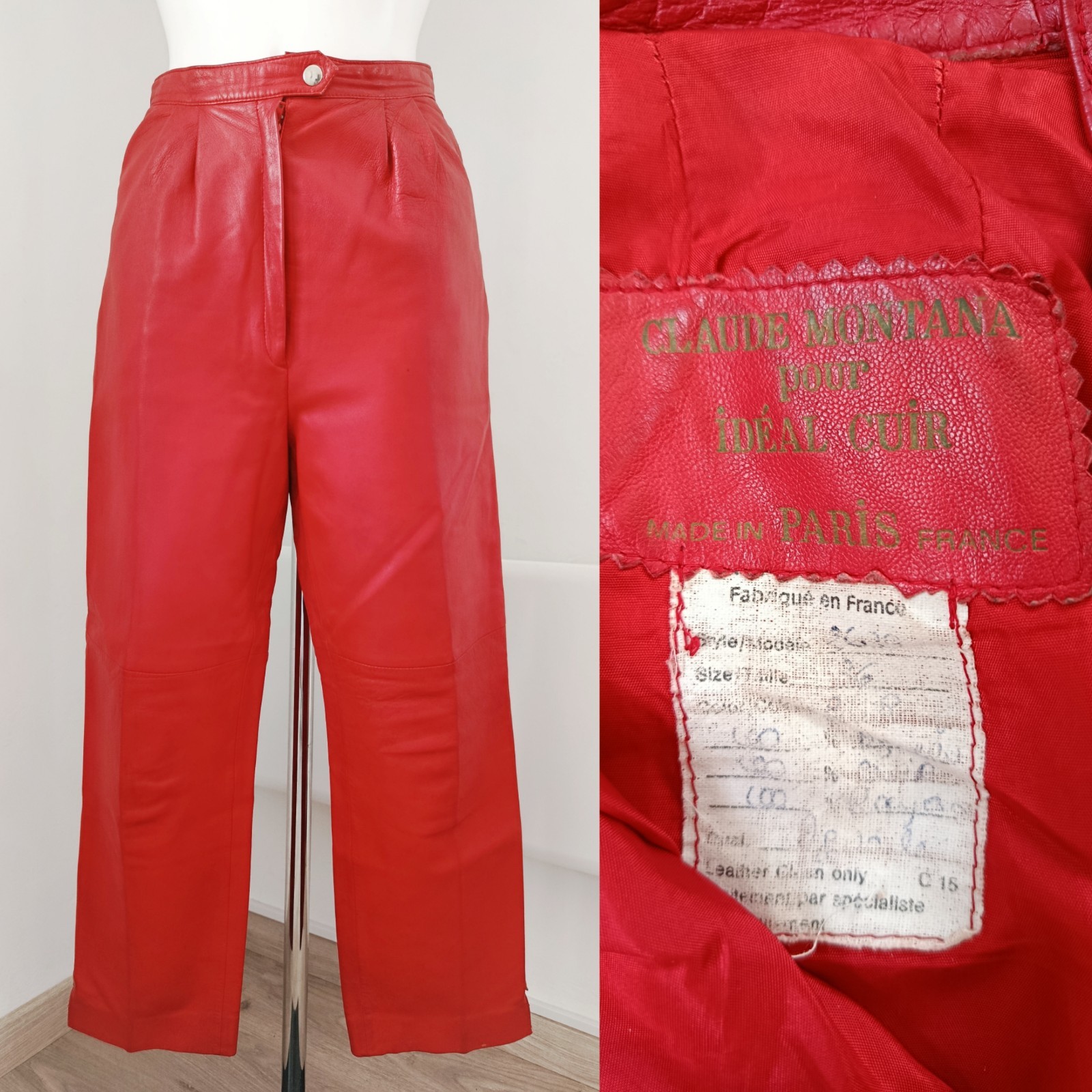 CLAUDE MONTANA Idéal Cuir Vintage 1980s Red Lambskin Leather Pants Trousers FR36