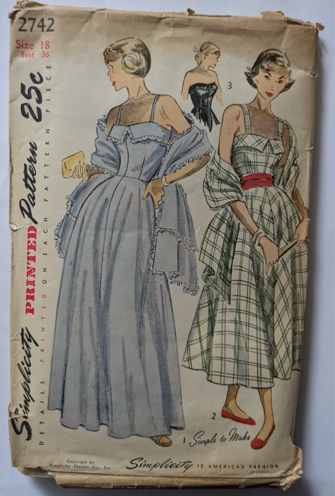 Vintage sewing pattern 1950s Elegant Dress & Stole  36" bust Simplicity 2742