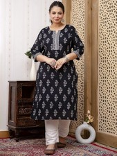 Indian Women Black Cotton Floral Printed Kurta Kurti Top Tunic Dress S To 7-XL
