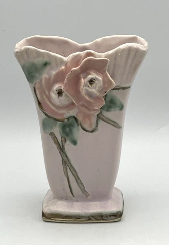 Vintage Mccoy Light Pink Vase With Pink Wild Roses Ceramic Pottery MCM 6 1/4" H