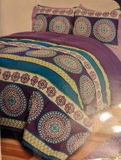 3 Piece REVERSIBLE Comforter Set QUEEN 2 SHAMS Purple Lime Green Turquoise Blue